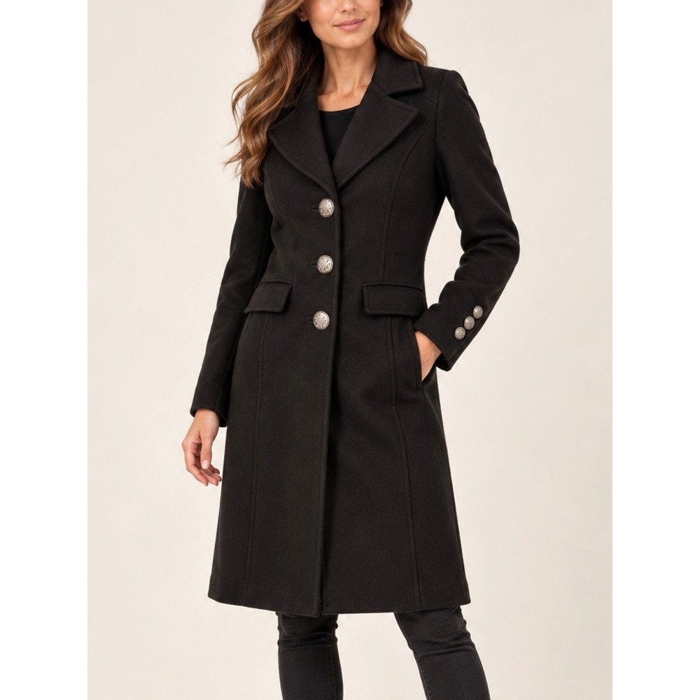 Laundry by Shelli Segal Black Wool Cashmere Long Coat Silver Ornate Buttons 6 - Picture 2 of 9